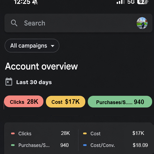 Protein Works Google Ads account overview showing 940 purchases at $18.09 cost per conversion